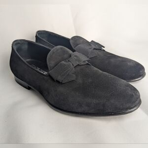SALVATORE FERRAGAMO Men Loaffer Black Suede Shoes Size 7 Made In Italy With Bow